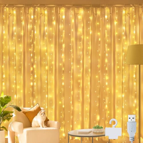 Ollny Curtain Fairy Lights, 200 LED 2m x 2m USB String Light with 8 Modes Indoor Outdoor Warm White Hanging Christmas Window Lights with Hooks, Bedroom/Outside/Wall/Door/House/Garden/Xmas Decor