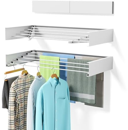 Laundry Drying Rack Collapsible, Wall Mounted, Clothes Drying Rack, 31.5 Wide, 13.2 Linear Ft, 5 Aluminum Rods, 60 lb Capacity, Laundry Racks for Drying Clothes with Wall Template(White 31.5 Medium)