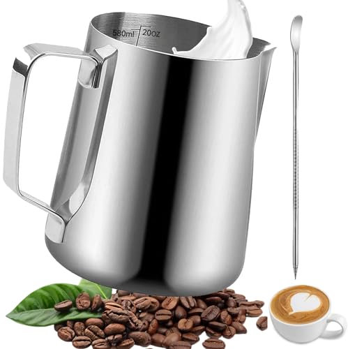 Omtofo 550ml Bricco Latte, Bricco per Latte in Acciaio Inox con Marchio di Misurazione e caffè Latte Art Pen, per Cappuccino, Espresso, Latte Art, Perfetta per Gli Amanti del Caffè