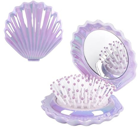 Brosses à cheveux mini coquille, Peigne D'été Pliable Avec Miroir, Forme de Coquillage Brosse,Portable Brosse pour Femme Voyage Vacances été de Plein Air Petit Brush (Violet)