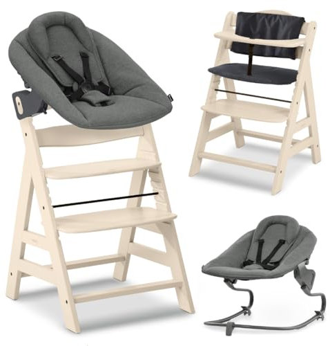 hauck Alpha+ Newborn Set mit Premium Bouncer Dark Grey - Baby Holz Hochstuhl ab Geburt mit Liegefunktion - extra flacher Aufsatz für Neugeborene & Baumwoll Sitzpolster - Vanilla
