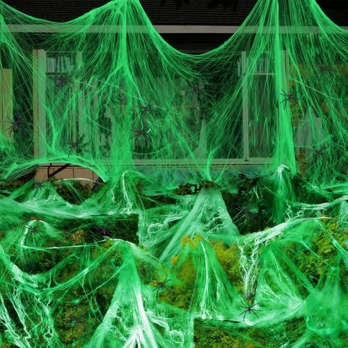 SSKHE 100g Spooky Glow Halloween Spider Web Set with 50 Simulated Spiders, Ultimate Glow-in-the-Dark Cobweb Decorations, Haunted House Props, Halloween decoration