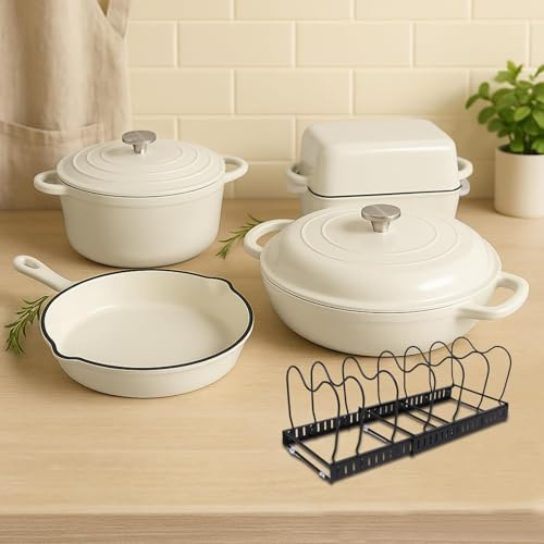 GFTIME Set di pentole in ghisa, 5 pezzi, 2,3 QT, casseruola olandese da 4,7 QT, padella da 28 cm, teglia per pane – Versatili pentole e padelle in ghisa smaltata resistenti al forno