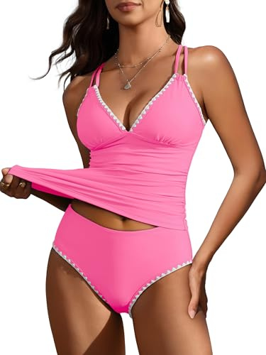 ANRABESS Womens Tankini Set Two Piece Swimsuit Tummy Control V Neck Top Bathing Suit High Waisted Color Block Swimwear 2026 Light Pink Medium