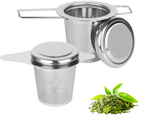 Juego de 2 Colador de Te, Infusor De Te en Acero Inoxidable 304 Colador Te, Filtro Te con Plegables y Tapa de Metal, Infusionador Adaptable para Tazas de Té, Cafés y Ollas Ideal para Infusiones
