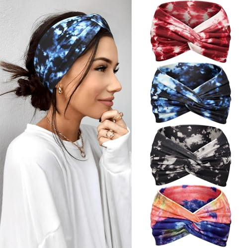 Kavya Pannband för kvinnors hår Hårband 4-pack – Bredt tunt elastiskt Boho Tie Dye Knutet huvudband Vintage hårband för sport, Yoga, Smink, Spa & Modeaccessoarer (Marinblå)