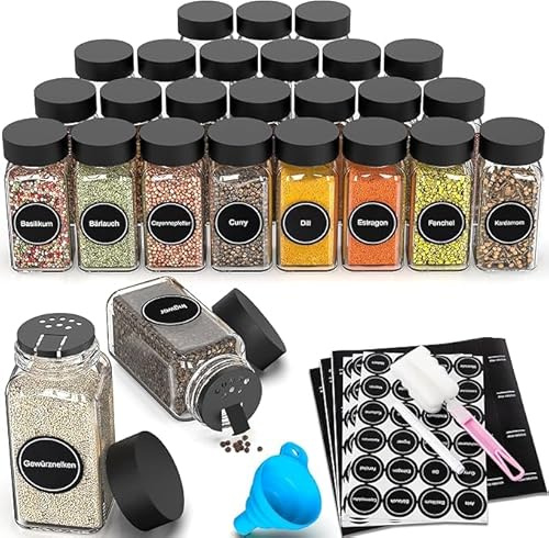 DIFULI Kryddburkar med ströinsats – 36 x 120 ml + 240 etiketter – lufttäta | vattentäta kryddburkar fyrkantiga – kryddströare glas – kryddburks-set – kryddbehållare – svart