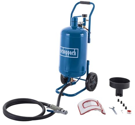 Scheppach Mobiles Sandstrahlgerät SBT-20 Sandtrahlpistole mit 2,5m Schlauch | Luftverbrauch 250 L/min | Betriebsdruck 4 ‒ 8 bar | Volumen 20L | Strahlgut 13L - Ø 0,1-0,63mm | Glasperlen, Aluminiumoxid