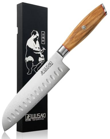 Wusaki Fujiko - Couteau Santoku 18cm design japonais lame damas 10CR manche bois d'olivier - Vendu dans un coffret