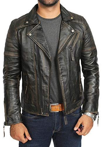 A1 FASHION GOODS Mens Real Leather Biker Style Jacket Vintage Black Rub Off Slim Fit Designer Coat Max (X-Large)