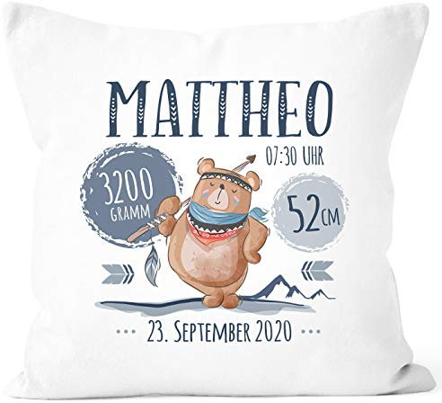 SpecialMe® personalisierbares Kissen zur Geburt mit Boho Bär, Geburtskissen (ohne Füllung), Namenskissen Geschenk Geburt Baby Jugen Wunschname weiß Unisize
