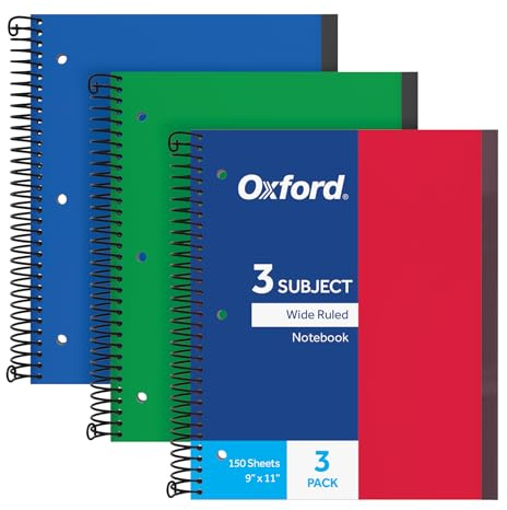 Oxford Spiral Notebook 3 Pack, 3 Subject, Wide Rule, Durable Plastic Covers, Strong Coil, 3 Durable Pockets, 8.5 x 11, 150 Sheets, Red, Green, Blue (89804)