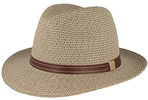 Breiter Strohhut Bogarthut Sommerhut Sonnenhut aus 100% Papier knautschbar Besonders Leicht, Flexibel, Hautfreundlich Bequem Hellgrau meliert Kunstlederband, L