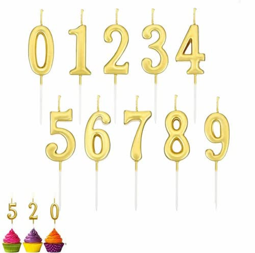 QRTSJ Bougies d’Anniversaire, 10 bougies d'anniversaire numéro 0 à 9 à paillettes pour gâteau d'anniversaire, bougies de gâteau d'anniversaire pour fête d'anniversaire, fête (doré)