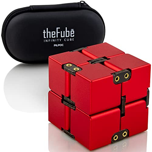 PILPOC theFube Infinity Cube Fidget Desk Toy - Premium Quality Aluminum Infinite Magic Cube with Exclusive Case, Sturdy, Heavy, Relieve Stress and Anxiety, for ADD, ADHD, OCD (Red)