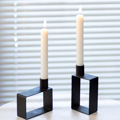 Sziqiqi Portavelas de Metal Negro Juego de 2 - Candelabros Portavelas Decorativos Rectángulo Geométrico para Navidad Halloween Decoración de Mesa