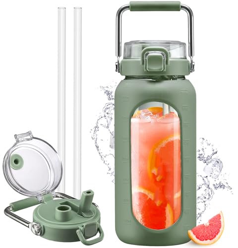 HYDRAGLAZIC 1900ML Glastrinkflasche mit Strohhalm und Edelstahlgriff, Wasserflasche glas mit Silikonhülle und Zeitmarker, Berwachung Ihrer täglichen Trinkflasche 2 liter, Olive