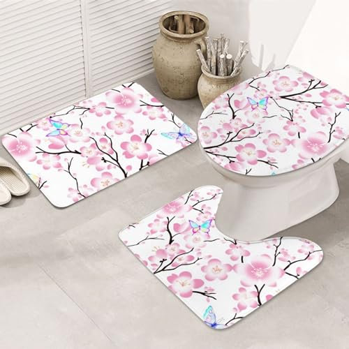 3 Piezas Juego De Alfombra De Baño Cherry Butterflies Iridescent Elegant Pink Alfombras De Cama Antideslizantes Durable Alfombra En Forma De U, para Baño, Cocina, Dormitorio