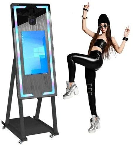 45 Zoll/65 Zoll Tragbarer Selfie-Spiegel-Fotoautomat (22 Zoll/32 Zoll Touchscreen), Magic Mirror-Fotoautomat + Flightcase, Für Partys Und Veranstaltungen,Black-45”