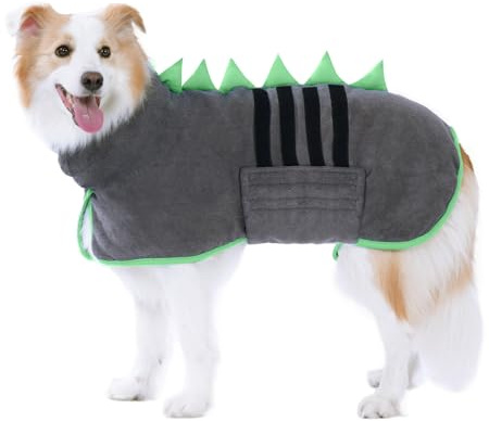 HezzLuv Microfiber Quick Drying Dog Drying Coat, Adjustable Dog Bathrobe Towel Extra Absorbent, Easy to Wear Pet Towel Robe for Baths, Swims & Wet Walks (Grey-Green, S)
