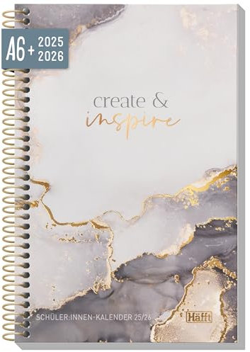 Häfft® College-Timer Mini A6 + 2025/2026 Grey Marble Schülerkalender klein, Schulplaner, Hausaufgabenheft, Schülerplaner - nachhaltig & klimafreundlich