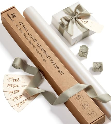 Vitalizart 43 cm x 5 m Papel de Regalo Blanco, Brillo Nacarado con Cinta de Gasa de Raso Verde Salvia & Etiquetas de Regalo, Rollo de Papel de Regalo para Navidad Cumpleaños Boda & Manualidades