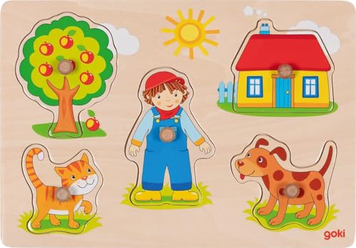 goki 57306 - Puzzle a Incastro, Gatto e Cane, Puzzle con Manici in Legno per Bambini