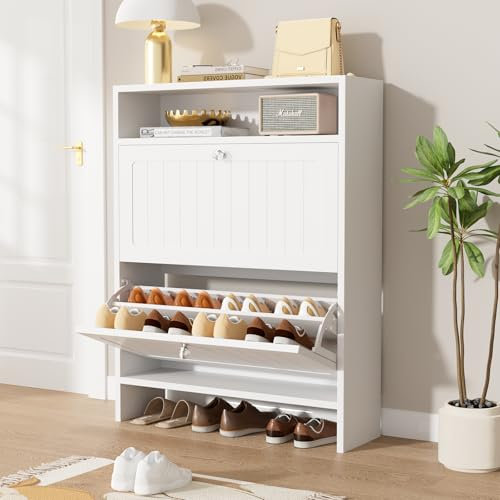 VOWNER Schuhschrank mit 2 Klappen, Schuhregal Schuhkipper Schmal, mit 4 Fächern, Schuhschrank Weiss, Verstellbar, Mit Stahlfüßen, für Eingangsbereich, Flur, 80 x 24 x 110 cm