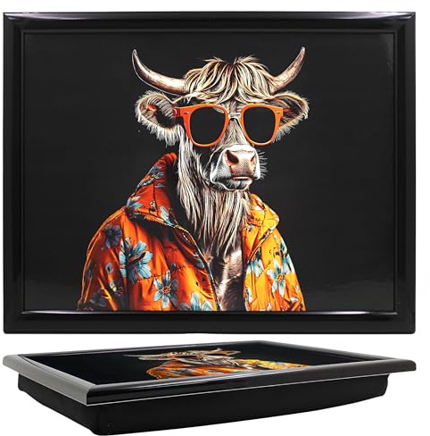Lesser & Pavey Urban Art Highland Cow Laptray para Servir Comida y desayunar | Cómodas bandejas de Regazo con cojín de puf para el hogar y Uso Diario | Bandejas duraderas para Comer en el Regazo para