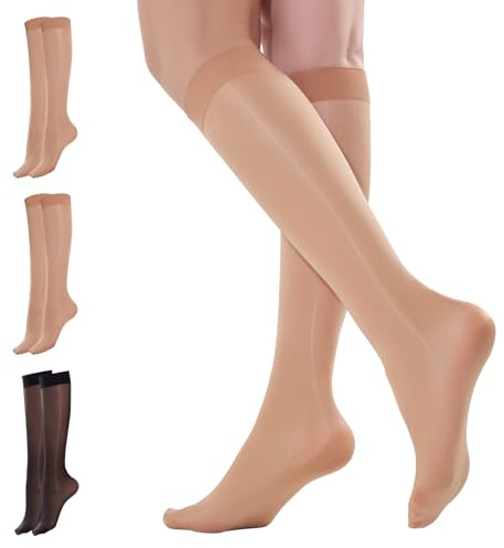 Yilanmy 3 Pairs Knee High Pop Socks Shiny Sheer Nylon Stockings 40D | Knees Highs Tights Glossy Shimmer Wide Calf One Size Reinforced Toes