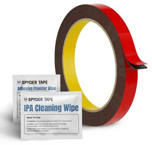 5952 Heavy Duty Double Sided Foam Tape - Industrial Strength Mounting Tape for Metal, Plastic & Painted Surfaces - High Bond Waterproof Acrylic Adhesive 12mm x 3m with IPA & Adhesion Promoter Wipes