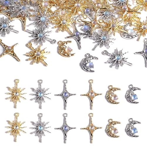 Celblisora 60 Pieces Jewelry Celestial Charms Set, Silver & Gold Plated Moon Star Sun Pendants, DIY Jewelry Making Accessories