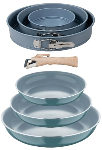 Bergner Click&Cook Juego de 3 Sartenes Ø18Ø20Ø24cm Aluminio prensado Verde con Mango extraíble+Juego de 3 moldes de horno redondos Ø12Ø18Ø22cm