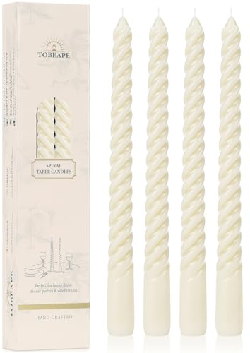 Tobeape Ivory Spiral Taper Candles 10 Inch - 4 Pack Cream Twisted Tapered Candle Sticks - Dripless Unscented Smokeless - Long Burning Decorative Candlesticks for Dinner Wedding Party Table Home Decor
