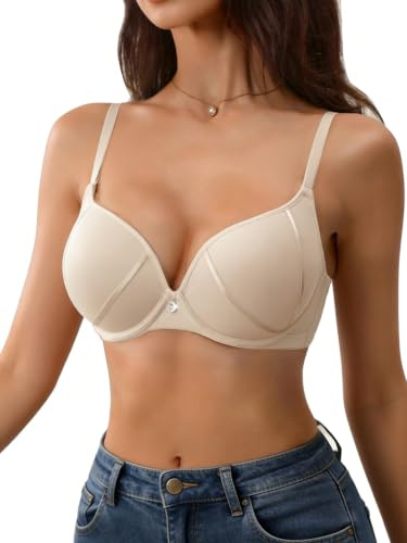 Awinclo Women's Push Up Bra Contrast Trim Underwire Support Smooth Seamless Cups Adjustable Straps Everyday Lingerie