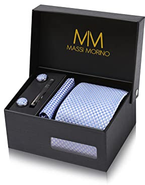 Massi Morino Krawatte Hellblau mit Einstecktuch Set Herren inkl. Manschettenknöpfe, Krawattennadel und Geschenkbox - Männer Krawattenset