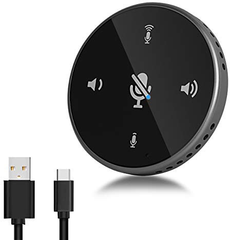 Depusheng Altoparlante USB Q5 Altoparlante per conferenze nero e grigio con indicatore luminoso, pulsanti di interruttore/volume/registrazione Idea per home office Risposta vocale a 360º