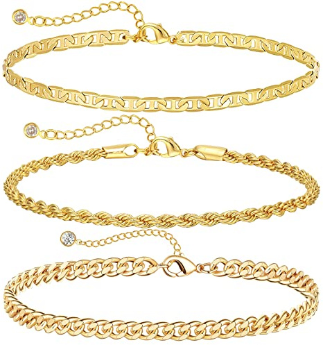 DEARMAY 14K Gold Plated Ankle Bracelets for Women Anklets Herringbone Cuban Link Anklets Set Layered Cute Summer Beach Jewelry Gift