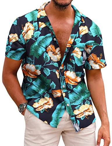 Coofandy Camicie Floreali hawaiane da Uomo in Cotone e Lino con Bottoni Tropicali da Spiaggia, E- Blu Navy, M