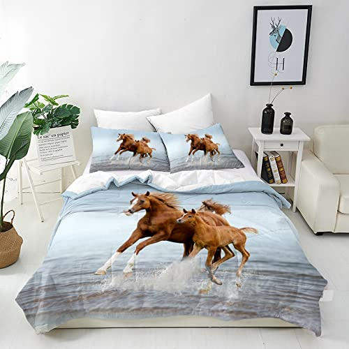 ANHOPE Horse Duvet Cover Set Double 200x200cm, 2 Pillowcases | Soft Breathable Microfibre, Wildlife Mare and Foal Print, All Season Quilt Cover Set with Zipper Closure, for Home and Hotels
