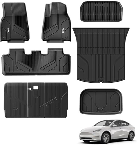 3W 9 Piece Set Floor Mats & Boot Liner & Seat Back Cover Fit for Tesla Model Y 2021-2024, All Weather Dog Friendly TPE Car Mats Anti-slip Heavy Duty Tesla Accessories (Not for Model Y Juniper)