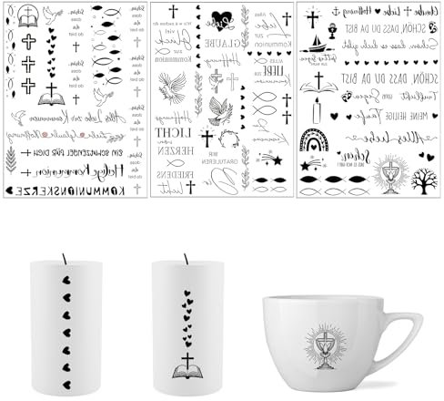 TKGEOUE 6 Stück Kerzentattoos Heilige Kommunion,Kerzentattoo Wassertransferdruck,Kerzenfolie Glücklich Diy Geschenk Kerzensticker,für Taufe Kommunion Konfirmation Deko (Schwarz)