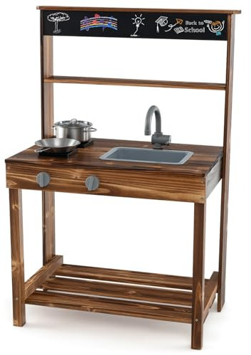 GOPLUS Cuisine Extérieur Enfants en Bois de Sapin, Barbecue Enfant avec Tableau Noir, Robinet, Evier Amovible, Cuisinière, Ustensiles de Cuisine, Set de Jeu de Cuisine Idéal pour 3+ Ans, Naturel
