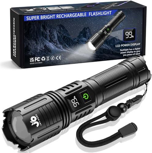 JAY-PARK 1000000 Lumens Torches LED Super Bright Rechargeable, 5000mAh Long Lasting Powerful Torch with LED Power Display, Tactical Torch 5 Modes Zoomable, IP67 Waterproof, for Camping, Emergency