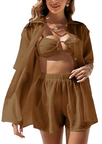Rayson Womens Tracksuit Sets 2 Pieces Summer Button Down Shirt Top with Shorts Beach Casual Outfit Co Ord Sets(Brown,XL)