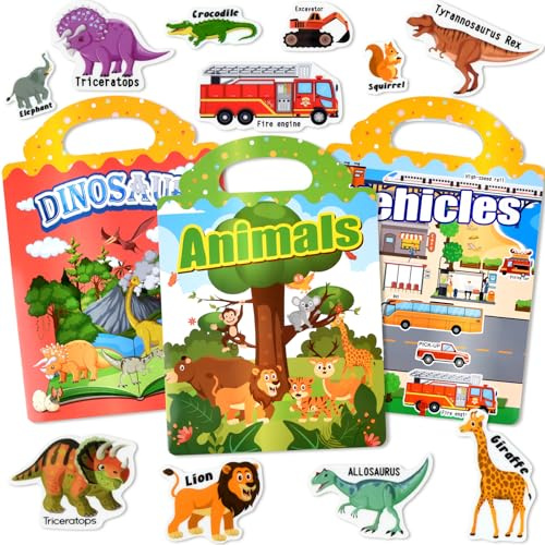 ASTARON 3 Pack Reusable Jelly Sticker Books for Kids, Cute Waterproof Dinosaurs Animals Vehicles Stickers, Portable Travel Toys and Educational Sensory Learning Toys (3-6 Age)