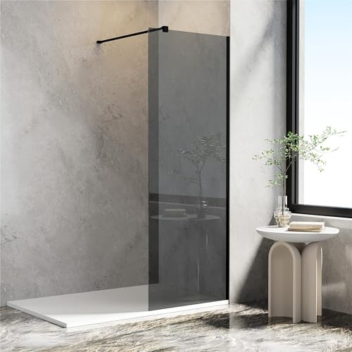 AQUARA Shower Screen 700 x 1900mm Walk-in Shower Enclosure 8mm Easy Clean Grey Toughened Saftey Glass with Support Bar Black Shower Cubicle