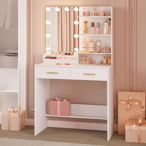 Hzuaneri Coiffeuse avec 10 LED,Vanité de Maquillage avec 4 Étagères de Rangement Ouvertes et 2 Compartiments, Coiffeuse avec 2 Tiroirs, pour Chambre, Blanc DT39203XV1