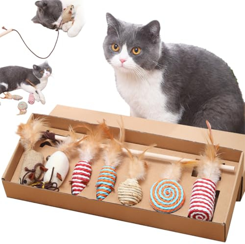 7 PCS Juguete Pluma de Gato Interactivo de Madera y Sisal Natural Caña para Gatos de 40cm con Cuerda Elástica Varita con Plumas Ratoncitos Duraderos Cascabel Anti Rotura Compatible con Gatitos