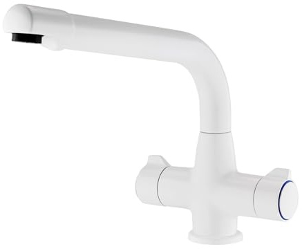 ENKI, Alpha, KT133, White, Brass Construction Dual Flow Kitchen Sink Mixer Tap for Basin, with Twin Levers & Swivel Spout Perfect for Low Pressure and Double Bowl Sinks, Drip Free Ceramic Valve